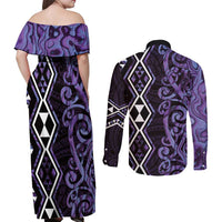 Purple Aotearoa Couples Matching Off Shoulder Maxi Dress and Long Sleeve Button Shirt Taniko Motifs With Paua Shell Kowhaiwhai LT14 - Polynesian Pride