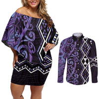 Purple Aotearoa Couples Matching Off Shoulder Short Dress and Long Sleeve Button Shirt Taniko Motifs With Paua Shell Kowhaiwhai LT14 Purple - Polynesian Pride