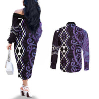 Purple Aotearoa Couples Matching Off The Shoulder Long Sleeve Dress and Long Sleeve Button Shirt Taniko Motifs With Paua Shell Kowhaiwhai