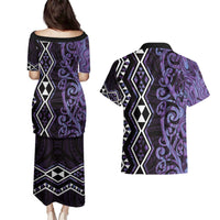 Purple Aotearoa Couples Matching Puletasi and Hawaiian Shirt Taniko Motifs With Paua Shell Kowhaiwhai LT14 - Polynesian Pride
