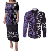 Purple Aotearoa Couples Matching Puletasi and Long Sleeve Button Shirt Taniko Motifs With Paua Shell Kowhaiwhai LT14 Purple - Polynesian Pride