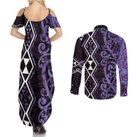 Purple Aotearoa Couples Matching Summer Maxi Dress and Long Sleeve Button Shirt Taniko Motifs With Paua Shell Kowhaiwhai LT14 - Polynesian Pride