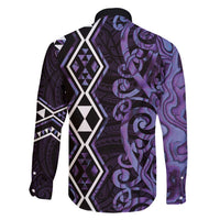 Purple Aotearoa Family Matching Long Sleeve Bodycon Dress and Hawaiian Shirt Taniko Motifs With Paua Shell Kowhaiwhai LT14 - Polynesian Pride