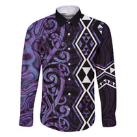 Purple Aotearoa Family Matching Mermaid Dress and Hawaiian Shirt Taniko Motifs With Paua Shell Kowhaiwhai LT14 Dad's Shirt - Long Sleeve Purple - Polynesian Pride