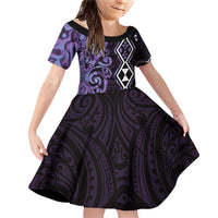 Purple Aotearoa Family Matching Off Shoulder Short Dress and Hawaiian Shirt Taniko Motifs With Paua Shell Kowhaiwhai LT14 Daughter's Dress Purple - Polynesian Pride