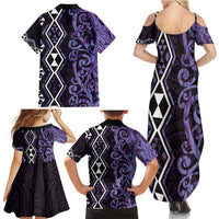 Purple Aotearoa Family Matching Summer Maxi Dress and Hawaiian Shirt Taniko Motifs With Paua Shell Kowhaiwhai LT14 - Polynesian Pride