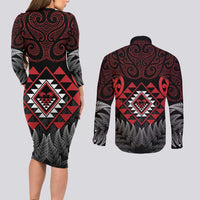 Aotearoa Kiwi Taniko Couples Matching Long Sleeve Bodycon Dress and Long Sleeve Button Shirt Silver Fern With Maori Koru Pattern LT14 - Polynesian Pride