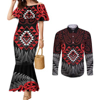 Aotearoa Kiwi Taniko Couples Matching Mermaid Dress and Long Sleeve Button Shirt Silver Fern With Maori Koru Pattern LT14 Red - Polynesian Pride