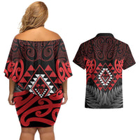 Aotearoa Kiwi Taniko Couples Matching Off Shoulder Short Dress and Hawaiian Shirt Silver Fern With Maori Koru Pattern LT14 - Polynesian Pride