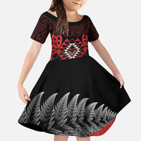 Aotearoa Kiwi Taniko Family Matching Off Shoulder Maxi Dress and Hawaiian Shirt Silver Fern With Maori Koru Pattern LT14 Daughter's Dress Red - Polynesian Pride