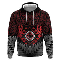 Aotearoa Kiwi Taniko Hoodie Silver Fern With Maori Koru Pattern LT14 Pullover Hoodie Red - Polynesian Pride
