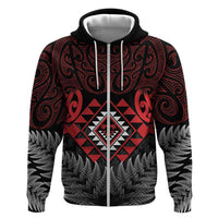 Aotearoa Kiwi Taniko Hoodie Silver Fern With Maori Koru Pattern LT14 Zip Hoodie Red - Polynesian Pride