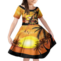 Aloha Hawaii Women's Day Family Matching Long Sleeve Bodycon Dress and Hawaiian Shirt Hula Girl With Sunset Vibes LT14 Daughter's Dress Yellow - Polynesian Pride