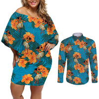 Hawaii Luau Party Couples Matching Off Shoulder Short Dress and Long Sleeve Button Shirt Dancing Girl Tropical Flowers LT14 Blue - Polynesian Pride