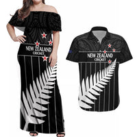 Custom New Zealand Silver Fern Cricket Couples Matching Off Shoulder Maxi Dress and Hawaiian Shirt Aotearoa Maori Go Black Cap LT14 Black - Polynesian Pride