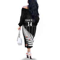 Custom New Zealand Silver Fern Cricket Family Matching Off The Shoulder Long Sleeve Dress and Hawaiian Shirt Aotearoa Maori Go Black Cap