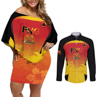 Custom Papua New Guinea Cricket Couples Matching Off Shoulder Short Dress and Long Sleeve Button Shirt 2024 Go PNG LT14 Black - Polynesian Pride