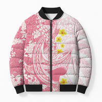 Pink Hawaii Shark Tattoo Bomber Puffer Jacket Puakenikeni Lei Plumeria Polynesian Pattern