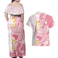 Pink Hawaii Shark Tattoo Couples Matching Off Shoulder Maxi Dress and Hawaiian Shirt Puakenikeni Lei Plumeria Polynesian Pattern LT14 - Polynesian Pride