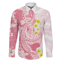 Pink Hawaii Shark Tattoo Family Matching Off The Shoulder Long Sleeve Dress and Hawaiian Shirt Puakenikeni Lei Plumeria Polynesian Pattern LT14 Dad's Shirt - Long Sleeve Pink - Polynesian Pride
