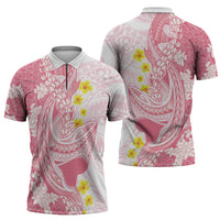 Pink Hawaii Shark Tattoo Zipper Polo Shirt Puakenikeni Lei Plumeria Polynesian Pattern LT14 - Polynesian Pride