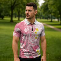Pink Hawaii Shark Tattoo Zipper Polo Shirt Puakenikeni Lei Plumeria Polynesian Pattern LT14 - Polynesian Pride