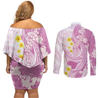 Purple Hawaii Shark Tattoo Couples Matching Off Shoulder Short Dress and Long Sleeve Button Shirt Puakenikeni Lei Plumeria Polynesian Pattern LT14 - Polynesian Pride