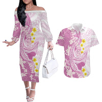 Purple Hawaii Shark Tattoo Couples Matching Off The Shoulder Long Sleeve Dress and Hawaiian Shirt Puakenikeni Lei Plumeria Polynesian Pattern