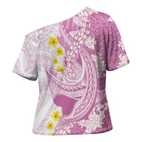Purple Hawaii Shark Tattoo Cross Shoulder Shirt Puakenikeni Lei Plumeria Polynesian Pattern