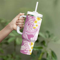 Purple Hawaii Shark Tattoo Tumbler With Handle Puakenikeni Lei Plumeria Polynesian Pattern