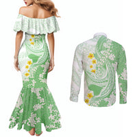 Green Hawaii Shark Tattoo Couples Matching Mermaid Dress and Long Sleeve Button Shirt Puakenikeni Lei Plumeria Polynesian Pattern LT14 - Polynesian Pride
