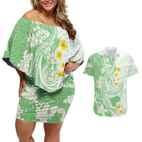 Green Hawaii Shark Tattoo Couples Matching Off Shoulder Short Dress and Hawaiian Shirt Puakenikeni Lei Plumeria Polynesian Pattern