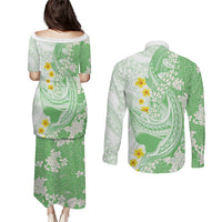 Green Hawaii Shark Tattoo Couples Matching Puletasi and Long Sleeve Button Shirt Puakenikeni Lei Plumeria Polynesian Pattern LT14 - Polynesian Pride