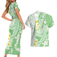 Green Hawaii Shark Tattoo Couples Matching Short Sleeve Bodycon Dress and Hawaiian Shirt Puakenikeni Lei Plumeria Polynesian Pattern LT14 - Polynesian Pride