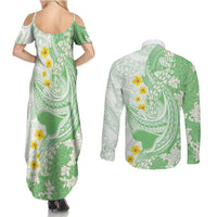 Green Hawaii Shark Tattoo Couples Matching Summer Maxi Dress and Long Sleeve Button Shirt Puakenikeni Lei Plumeria Polynesian Pattern LT14 - Polynesian Pride