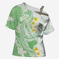 Green Hawaii Shark Tattoo Cross Shoulder Shirt Puakenikeni Lei Plumeria Polynesian Pattern