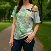 Green Hawaii Shark Tattoo Cross Shoulder Shirt Puakenikeni Lei Plumeria Polynesian Pattern