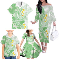 Green Hawaii Shark Tattoo Family Matching Off The Shoulder Long Sleeve Dress and Hawaiian Shirt Puakenikeni Lei Plumeria Polynesian Pattern LT14 - Polynesian Pride