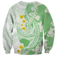 Green Hawaii Shark Tattoo Sweatshirt Puakenikeni Lei Plumeria Polynesian Pattern