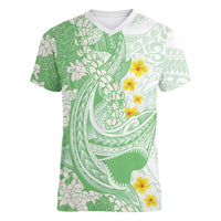 Green Hawaii Shark Tattoo Women V-Neck T-Shirt Puakenikeni Lei Plumeria Polynesian Pattern LT14 Female Green - Polynesian Pride