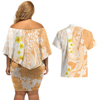 Orange Hawaii Shark Tattoo Couples Matching Off Shoulder Short Dress and Hawaiian Shirt Puakenikeni Lei Plumeria Polynesian Pattern LT14 - Polynesian Pride