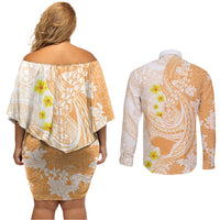Orange Hawaii Shark Tattoo Couples Matching Off Shoulder Short Dress and Long Sleeve Button Shirt Puakenikeni Lei Plumeria Polynesian Pattern LT14 - Polynesian Pride
