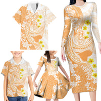 Orange Hawaii Shark Tattoo Family Matching Long Sleeve Bodycon Dress and Hawaiian Shirt Puakenikeni Lei Plumeria Polynesian Pattern LT14 - Polynesian Pride
