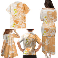 Orange Hawaii Shark Tattoo Family Matching Puletasi and Hawaiian Shirt Puakenikeni Lei Plumeria Polynesian Pattern