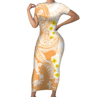 Orange Hawaii Shark Tattoo Family Matching Short Sleeve Bodycon Dress and Hawaiian Shirt Puakenikeni Lei Plumeria Polynesian Pattern LT14 Mom's Dress Orange - Polynesian Pride