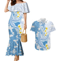Blue Hawaii Shark Tattoo Couples Matching Mermaid Dress and Hawaiian Shirt Puakenikeni Lei Plumeria Polynesian Pattern