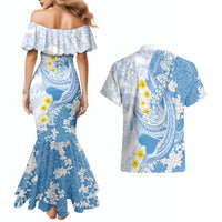 Blue Hawaii Shark Tattoo Couples Matching Mermaid Dress and Hawaiian Shirt Puakenikeni Lei Plumeria Polynesian Pattern