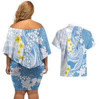 Blue Hawaii Shark Tattoo Couples Matching Off Shoulder Short Dress and Hawaiian Shirt Puakenikeni Lei Plumeria Polynesian Pattern LT14 - Polynesian Pride