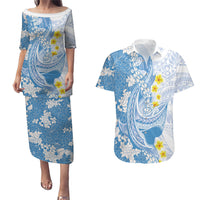 Blue Hawaii Shark Tattoo Couples Matching Puletasi and Hawaiian Shirt Puakenikeni Lei Plumeria Polynesian Pattern LT14 Blue - Polynesian Pride