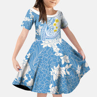 Blue Hawaii Shark Tattoo Family Matching Off The Shoulder Long Sleeve Dress and Hawaiian Shirt Puakenikeni Lei Plumeria Polynesian Pattern LT14 Daughter's Dress Blue - Polynesian Pride